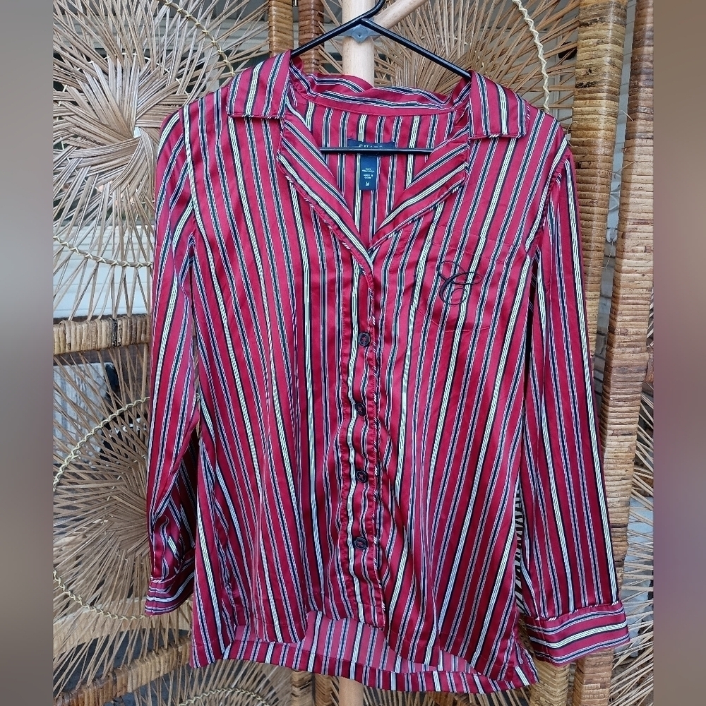 Chaps Striped Red Women's Satin Material Pajamas Set_Med